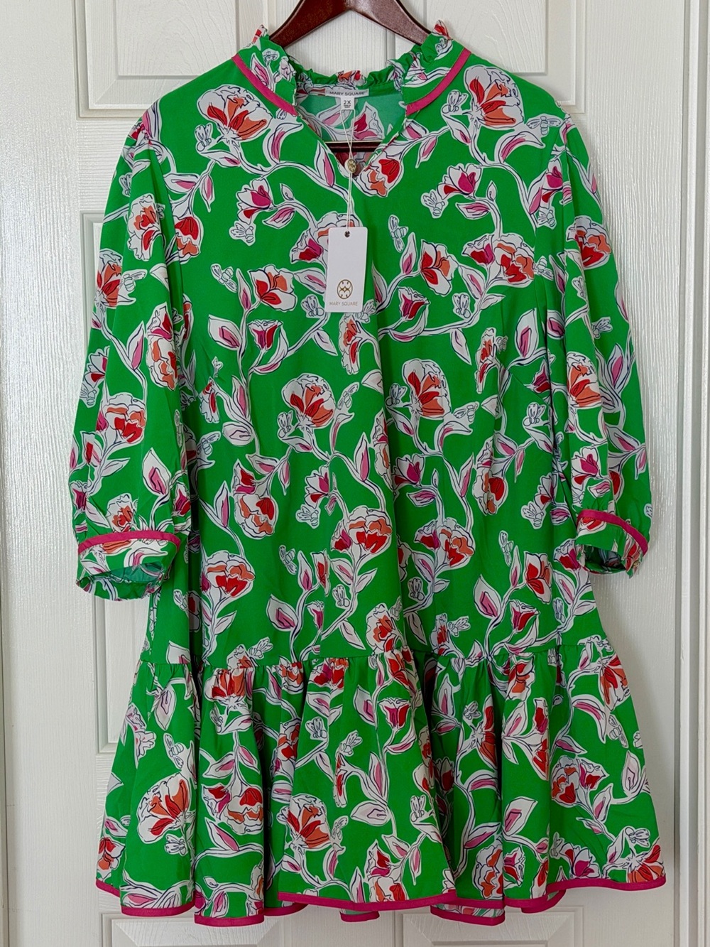 Mary Square Naomi Pretty Petals Green Floral Ruffle Mini Dress 2X NWT - Picture 3 of 13